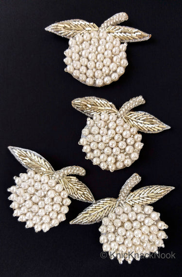 Hand Embroidered White Fruit Applique, White Pearl Beads Applique Orange Motif In Pearls, Kids Applique Patch